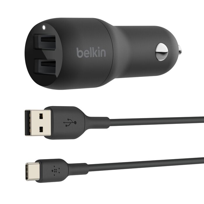 Dual USB-A Car Charger 24W + USB-A to USB-C Cable